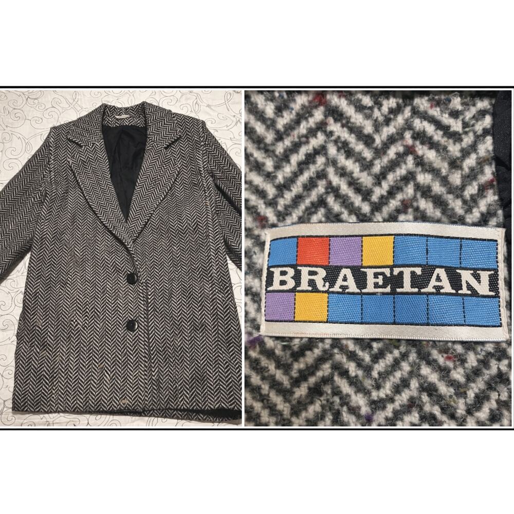 VTG Braetan Herringbone Wool Blend Coat Black‎ White Speckled Korea 7/8 Womens